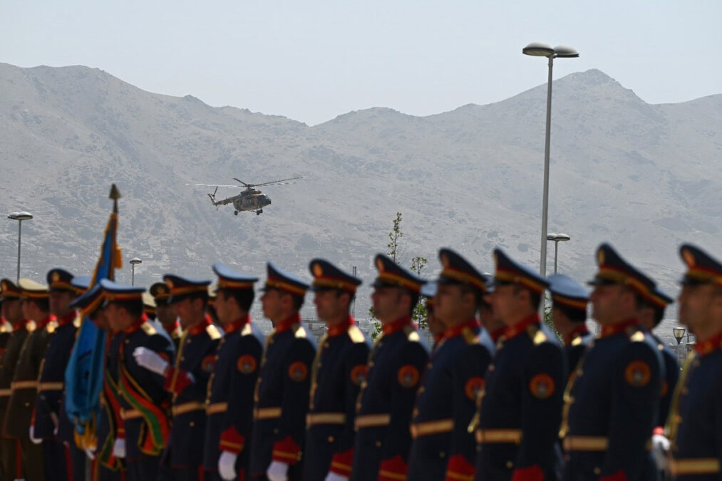 A team of presidential guard waiting to welcome former president Ashraf Ghani outside Afghan parliament on August 2, 2021, in Kabul.