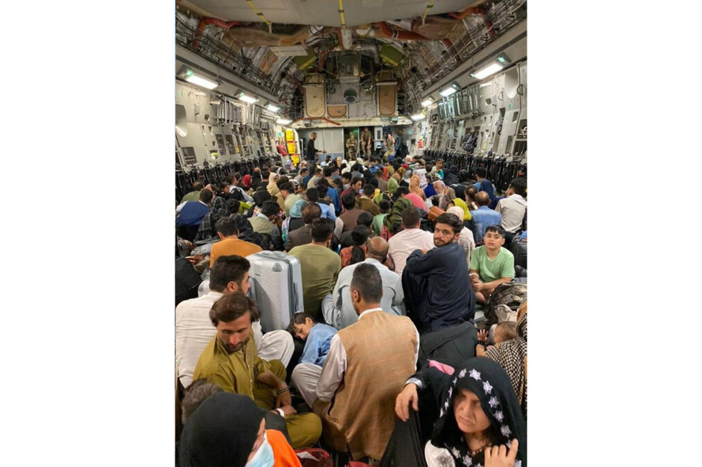 Inside a US military aircraft on the first day of the evacuation process on August 16, 2021.