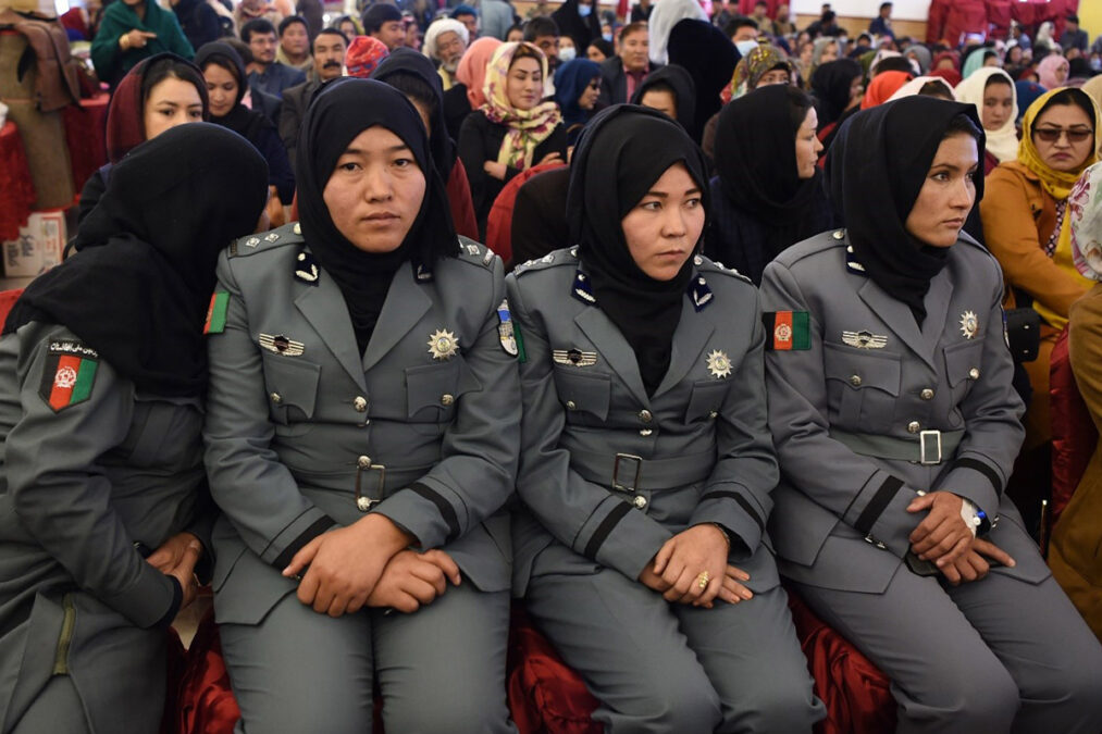 Policewomen attending a gathering in Kabul to mark International Women’s Day on March 8, 2021.